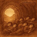 seven young men sleeping inside a cave in the Tunisian desert, with soft golden light shining through the entrance
