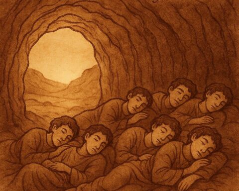 seven young men sleeping inside a cave in the Tunisian desert, with soft golden light shining through the entrance