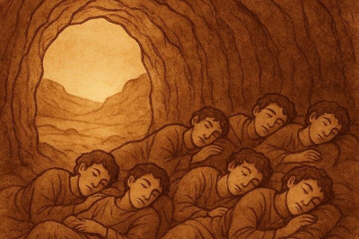 seven young men sleeping inside a cave in the Tunisian desert, with soft golden light shining through the entrance
