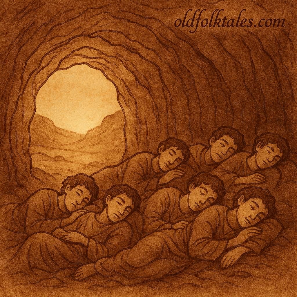 seven young men sleeping inside a cave in the Tunisian desert, with soft golden light shining through the entrance