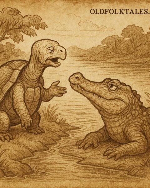 Tortoise speaking to Crocodile on a Gabonese riverbank