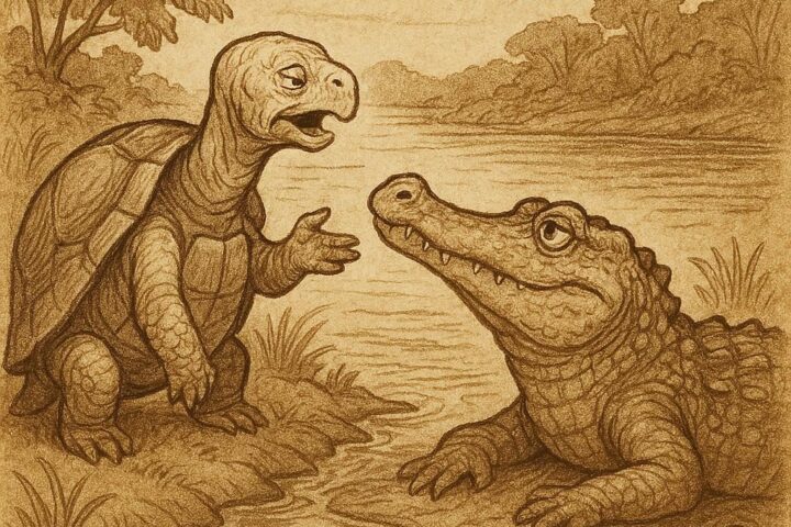Tortoise speaking to Crocodile on a Gabonese riverbank