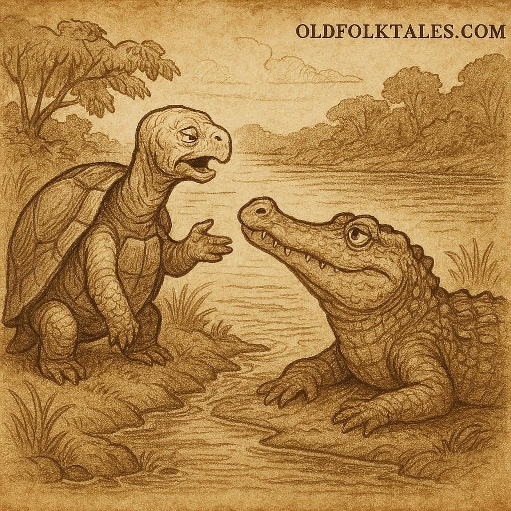 Tortoise speaking to Crocodile on a Gabonese riverbank