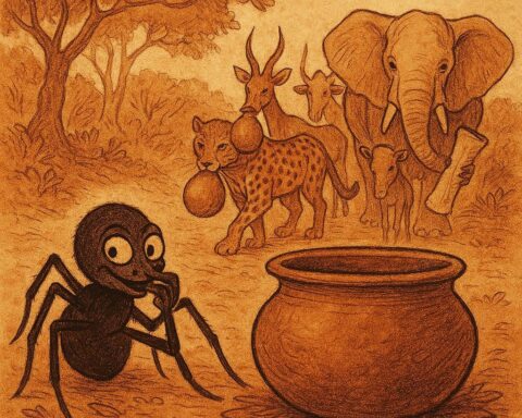 Spider caught after stealing food from the animals’ pot in a Gabonese folktale