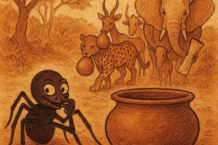 Spider caught after stealing food from the animals’ pot in a Gabonese folktale