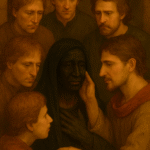Illustration in warm earthy colors and aged parchment texture showing Udea kneeling in tears before her seven brothers in a desert setting. The brothers, dressed in traditional tunics, surround her with expressions of concern and recognition. A palm tree and distant fortress rise in the background. Faded ink lines and antique shading evoke a classic folktale style. A subtle “OldFolktales.com” logo appears in the top right corner.