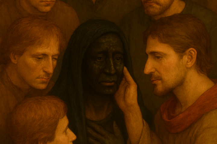 Illustration in warm earthy colors and aged parchment texture showing Udea kneeling in tears before her seven brothers in a desert setting. The brothers, dressed in traditional tunics, surround her with expressions of concern and recognition. A palm tree and distant fortress rise in the background. Faded ink lines and antique shading evoke a classic folktale style. A subtle “OldFolktales.com” logo appears in the top right corner.