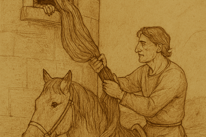 The illustration is rendered in warm, earthy tones with faded ink lines and a parchment-like texture, just like a page from an ancient storybook. The subtle OldFolktales.com logo sits neatly in the top right corner, keeping the focus on the magic of the scene, when Muhammed pulls Arab-Zandiq from her tower by her cascading hair, breaking her spell and sealing their destiny together.