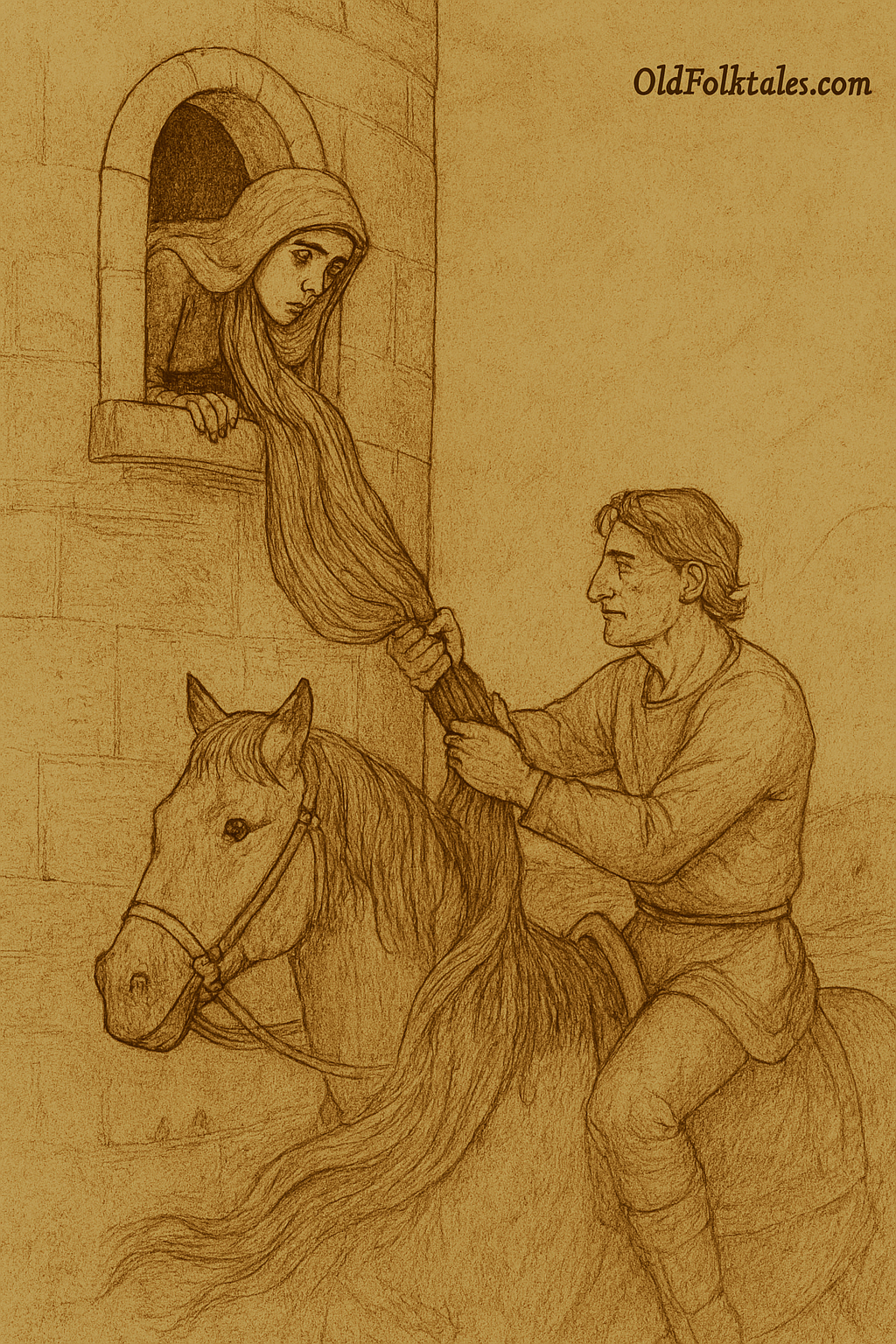 The illustration is rendered in warm, earthy tones with faded ink lines and a parchment-like texture, just like a page from an ancient storybook. The subtle OldFolktales.com logo sits neatly in the top right corner, keeping the focus on the magic of the scene, when Muhammed pulls Arab-Zandiq from her tower by her cascading hair, breaking her spell and sealing their destiny together.