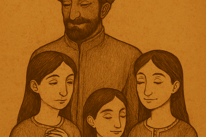 A sepia-toned folktale illustration shows a regal sultan standing behind three sisters. The sultan wears an ornate turban with a curved feather and a jeweled clasp, and his long robe is textured with fine lines. He gazes calmly ahead with a composed expression. The three sisters, dressed in modest long-sleeved dresses, stand in front of him. Each has long, dark hair and distinct poses: one clasps her hands near her chest, another rests a hand over her heart, and the third clasps her hands at her waist. Their expressions range from solemn to serene. The background resembles aged parchment, and a subtle “OldFolktales.com” logo appears in the top right corner.