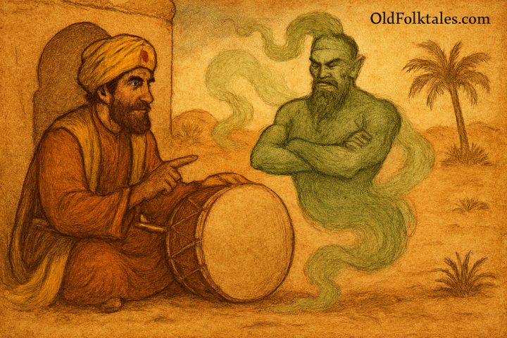 Vintage-style illustration of Sultan Yusuf in a Libyan desert, summoning a green genie from a large magic drum. The genie emerges in swirling smoke with crossed arms. The scene is rendered in warm earthy colors with faded ink lines and a parchment-like texture. A subtle “OldFolktales.com” logo appears in the top right corner.