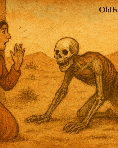 Illustration of Yasmina in a desert spirit realm, offering water and food to the Skull’s frail mother inside a dwelling made of bones. The Skull-man lurks ominously in the background, partially decomposed and crawling. The scene is rendered in warm earthy colors with faded ink lines and a parchment-like texture. A subtle “OldFolktales.com” logo appears in the top right corner.