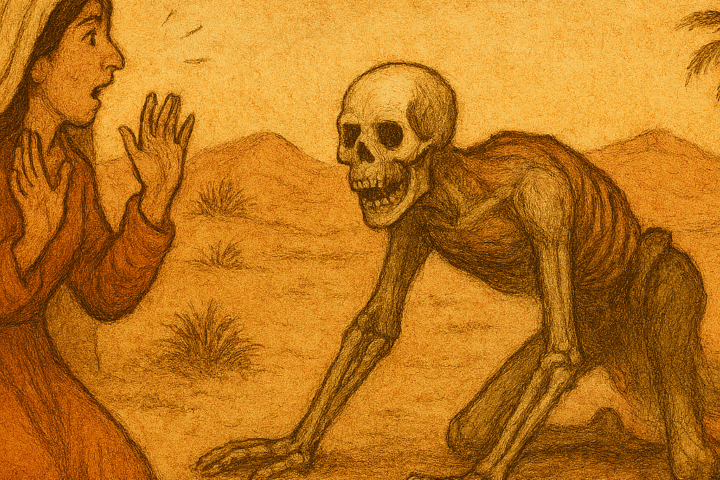Illustration of Yasmina in a desert spirit realm, offering water and food to the Skull’s frail mother inside a dwelling made of bones. The Skull-man lurks ominously in the background, partially decomposed and crawling. The scene is rendered in warm earthy colors with faded ink lines and a parchment-like texture. A subtle “OldFolktales.com” logo appears in the top right corner.
