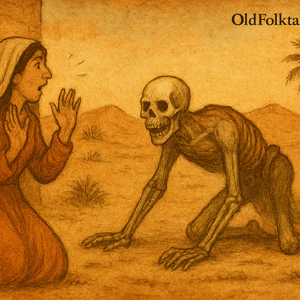 The Skull Husband's Deception – OldFolktales.com | FolktalesAfrica.com Illustration of Yasmina in a desert spirit realm, offering water and food to the Skull’s frail mother inside a dwelling made of bones. The Skull-man lurks ominously in the background, partially decomposed and crawling. The scene is rendered in warm earthy colors with faded ink lines and a parchment-like texture. A subtle “OldFolktales.com” logo appears in the top right corner.