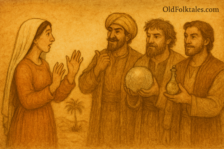 Illustration of Princess Laila standing calmly in a royal Libyan palace, facing three princes who each present a magical treasure: a crystal sphere, a jeweled saddle, and a glowing vial of healing oil. The scene is rendered in warm earthy tones with faded ink lines and a parchment-like texture. A subtle “OldFolktales.com” logo appears in the top right corner.