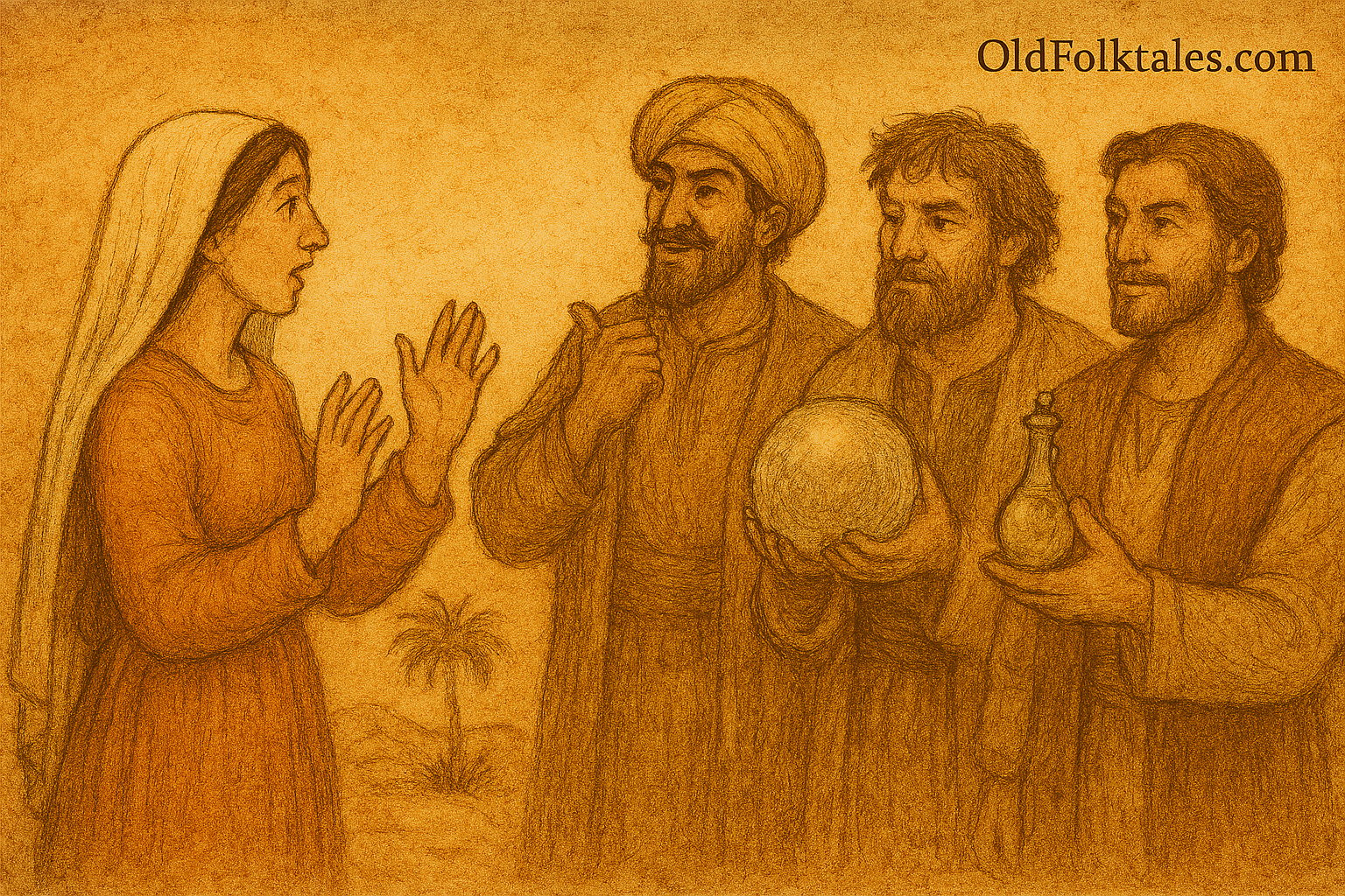 Illustration of Princess Laila standing calmly in a royal Libyan palace, facing three princes who each present a magical treasure: a crystal sphere, a jeweled saddle, and a glowing vial of healing oil. The scene is rendered in warm earthy tones with faded ink lines and a parchment-like texture. A subtle “OldFolktales.com” logo appears in the top right corner.