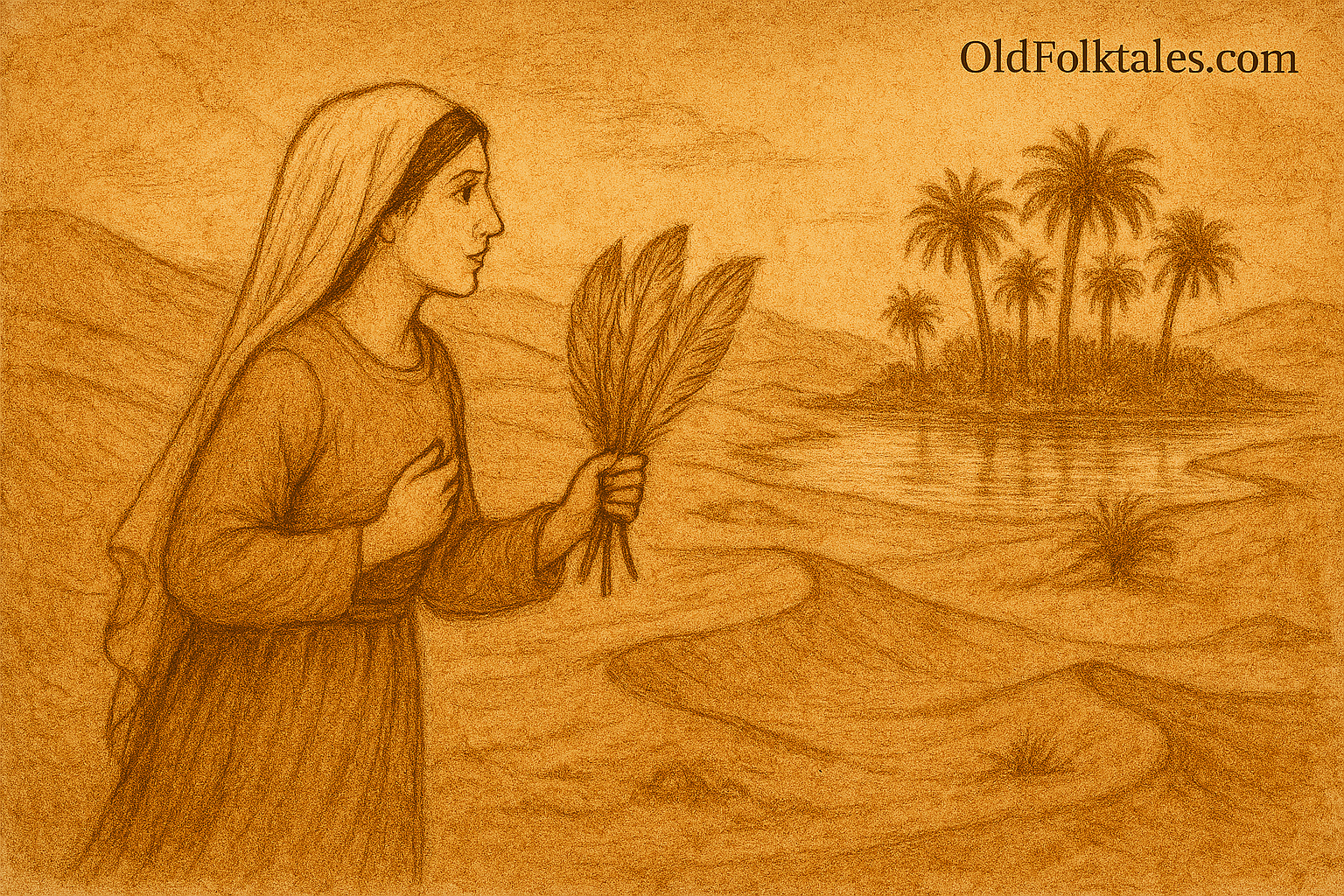Illustration of Salima in a desert at dawn, standing beside a thorny acacia tree and offering dates and almonds to two majestic falcons. The falcons drop three glowing feathers at her feet. Salima holds a magical feather fan, gazing toward a distant oasis surrounded by palm trees. The scene is rendered in warm earthy colors with faded ink lines and a parchment-like texture. A subtle “OldFolktales.com” logo appears in the top right corner.