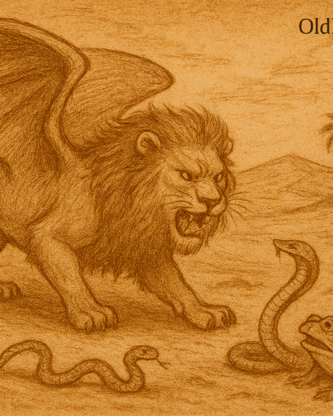 Illustration of Sultan Asad, a winged lion with bat-like wings, prowling a desert landscape as three desert animals—a snake, gazelle, and frog—react in alarm. The lion’s wings are partially unfurled, and his fierce gaze is fixed forward. The scene is rendered in warm earthy colors with faded ink lines and a parchment-like texture. A subtle “OldFolktales.com” logo appears in the top right corner.