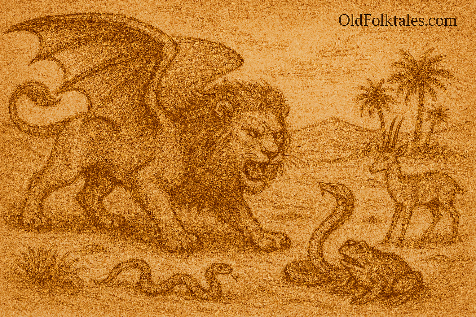 Illustration of Sultan Asad, a winged lion with bat-like wings, prowling a desert landscape as three desert animals—a snake, gazelle, and frog—react in alarm. The lion’s wings are partially unfurled, and his fierce gaze is fixed forward. The scene is rendered in warm earthy colors with faded ink lines and a parchment-like texture. A subtle “OldFolktales.com” logo appears in the top right corner.