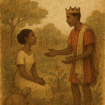 Illustration of a Nigerian folktale scene: Prince Ekpenyon proposes to Adet, the tortoise’s radiant daughter, in a rustic garden. The tortoise watches protectively nearby. The artwork features warm earthy tones and an aged storybook texture with faded ink lines. A subtle “OldFolktales.com” logo appears in the top right corner.