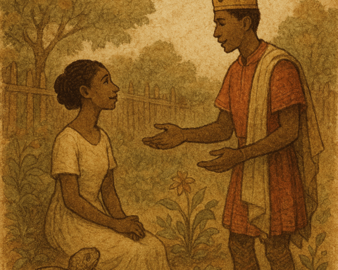 Illustration of a Nigerian folktale scene: Prince Ekpenyon proposes to Adet, the tortoise’s radiant daughter, in a rustic garden. The tortoise watches protectively nearby. The artwork features warm earthy tones and an aged storybook texture with faded ink lines. A subtle “OldFolktales.com” logo appears in the top right corner.