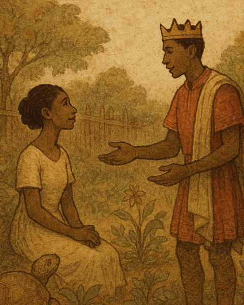 Illustration of a Nigerian folktale scene: Prince Ekpenyon proposes to Adet, the tortoise’s radiant daughter, in a rustic garden. The tortoise watches protectively nearby. The artwork features warm earthy tones and an aged storybook texture with faded ink lines. A subtle “OldFolktales.com” logo appears in the top right corner.