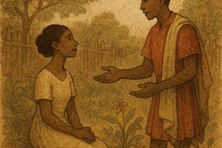 Illustration of a Nigerian folktale scene: Prince Ekpenyon proposes to Adet, the tortoise’s radiant daughter, in a rustic garden. The tortoise watches protectively nearby. The artwork features warm earthy tones and an aged storybook texture with faded ink lines. A subtle “OldFolktales.com” logo appears in the top right corner.