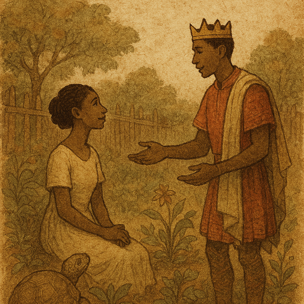 Illustration of a Nigerian folktale scene: Prince Ekpenyon proposes to Adet, the tortoise’s radiant daughter, in a rustic garden. The tortoise watches protectively nearby. The artwork features warm earthy tones and an aged storybook texture with faded ink lines. A subtle “OldFolktales.com” logo appears in the top right corner.