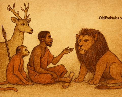 escribe the folktale scene: characters, setting, action]. Warm earthy colors, aged storybook texture with faded ink lines. At the top right corner, add a subtle text logo: Oldfolktales.com. Alt text and Title prompts You are helping me prepare SEO-friendly media for my folktale website OldFolktales.com. For the story below, generate: An Image Title (format: “[Story Name] – OldFolktales.com”) note: the image should only contain the logo which will be at the top right corner of the image:# The Clever Hunter's Debt Trick: A Nigerian Folktale from Calabar ## How Effiong the Hunter Outsmarted His Animal Creditors Through Wit and Deception