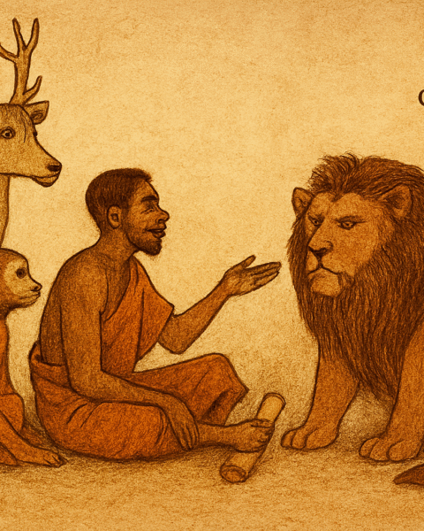 escribe the folktale scene: characters, setting, action]. Warm earthy colors, aged storybook texture with faded ink lines. At the top right corner, add a subtle text logo: Oldfolktales.com. Alt text and Title prompts You are helping me prepare SEO-friendly media for my folktale website OldFolktales.com. For the story below, generate: An Image Title (format: “[Story Name] – OldFolktales.com”) note: the image should only contain the logo which will be at the top right corner of the image:# The Clever Hunter's Debt Trick: A Nigerian Folktale from Calabar ## How Effiong the Hunter Outsmarted His Animal Creditors Through Wit and Deception