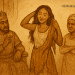 Illustration from the Nigerian folktale “The Woman with Two Skins,” showing Adiaha removing her outer, unattractive skin to reveal her radiant true form. She stands gracefully in the center, surrounded by King Eyamba and a jealous wife, both reacting with awe and disbelief. The scene is rendered in warm earthy tones with faded ink lines on an aged parchment-like background. A subtle “OldFolktales.com” logo appears in the top right corner.