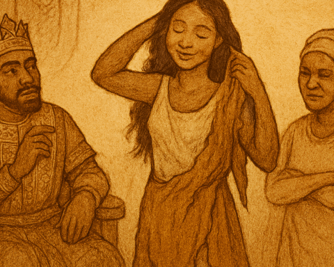 Illustration from the Nigerian folktale “The Woman with Two Skins,” showing Adiaha removing her outer, unattractive skin to reveal her radiant true form. She stands gracefully in the center, surrounded by King Eyamba and a jealous wife, both reacting with awe and disbelief. The scene is rendered in warm earthy tones with faded ink lines on an aged parchment-like background. A subtle “OldFolktales.com” logo appears in the top right corner.