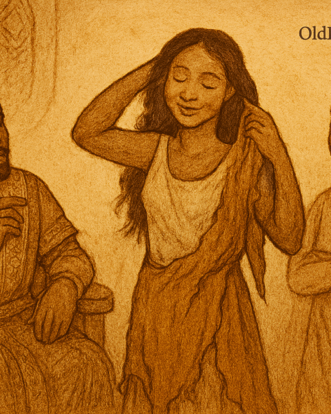 Illustration from the Nigerian folktale “The Woman with Two Skins,” showing Adiaha removing her outer, unattractive skin to reveal her radiant true form. She stands gracefully in the center, surrounded by King Eyamba and a jealous wife, both reacting with awe and disbelief. The scene is rendered in warm earthy tones with faded ink lines on an aged parchment-like background. A subtle “OldFolktales.com” logo appears in the top right corner.