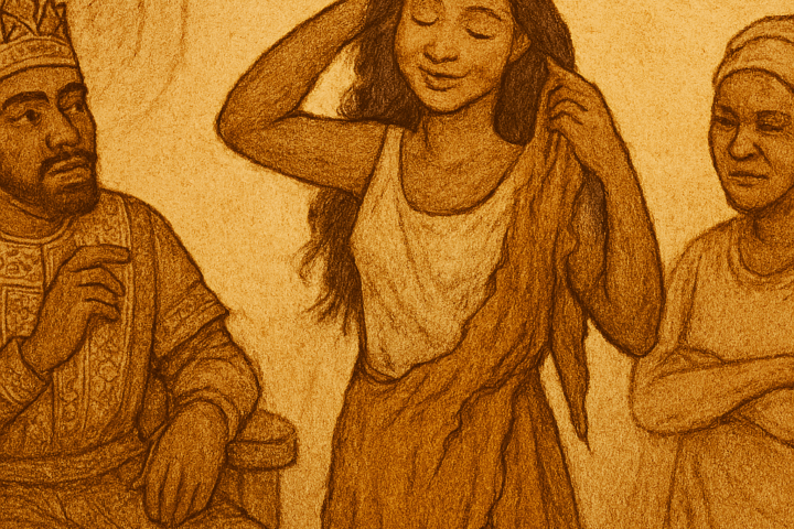 Illustration from the Nigerian folktale “The Woman with Two Skins,” showing Adiaha removing her outer, unattractive skin to reveal her radiant true form. She stands gracefully in the center, surrounded by King Eyamba and a jealous wife, both reacting with awe and disbelief. The scene is rendered in warm earthy tones with faded ink lines on an aged parchment-like background. A subtle “OldFolktales.com” logo appears in the top right corner.