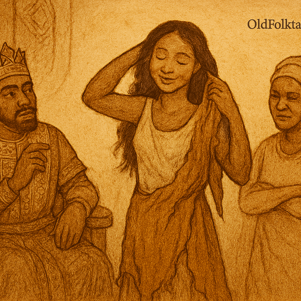 Illustration from the Nigerian folktale “The Woman with Two Skins,” showing Adiaha removing her outer, unattractive skin to reveal her radiant true form. She stands gracefully in the center, surrounded by King Eyamba and a jealous wife, both reacting with awe and disbelief. The scene is rendered in warm earthy tones with faded ink lines on an aged parchment-like background. A subtle “OldFolktales.com” logo appears in the top right corner.