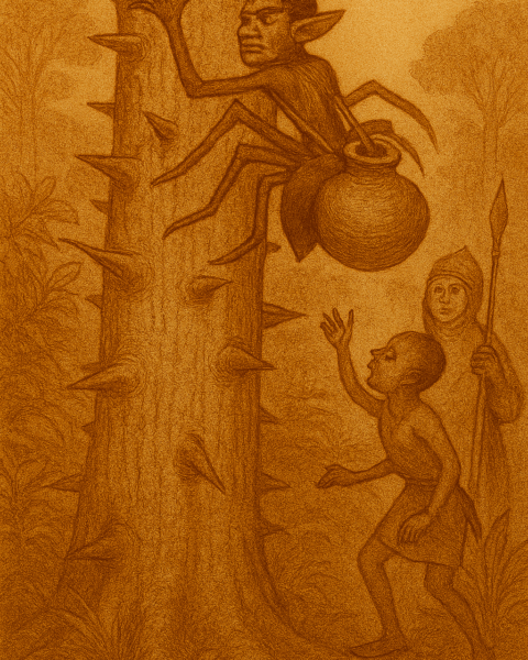 llustration from the Ghanaian folktale “Ananse and the Pot of Wisdom,” showing the clever spider Ananse clinging to a towering silk cotton tree as the clay pot of wisdom tumbles through the air. His young son watches from below, having just offered the advice that changed everything. The scene is rendered in warm earthy colors with faded ink lines and an aged parchment texture. A subtle “OldFolktales.com” logo appears in the top right corner.