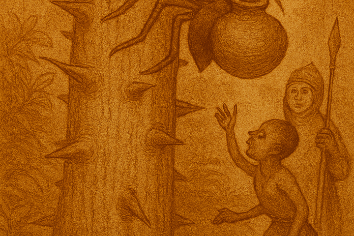 llustration from the Ghanaian folktale “Ananse and the Pot of Wisdom,” showing the clever spider Ananse clinging to a towering silk cotton tree as the clay pot of wisdom tumbles through the air. His young son watches from below, having just offered the advice that changed everything. The scene is rendered in warm earthy colors with faded ink lines and an aged parchment texture. A subtle “OldFolktales.com” logo appears in the top right corner.