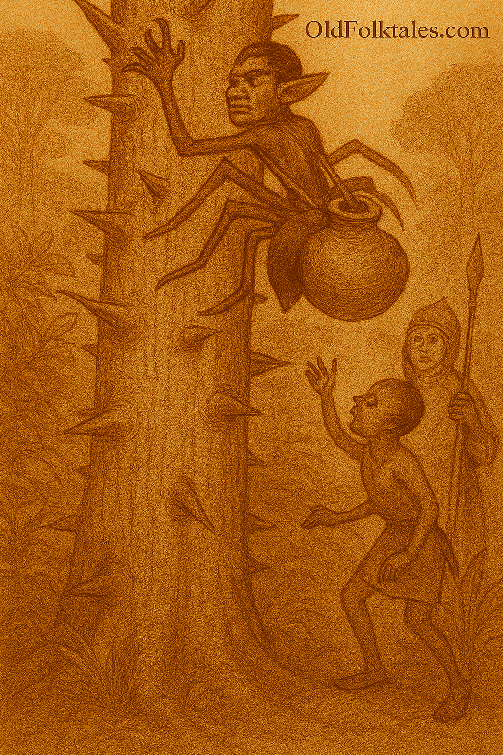 llustration from the Ghanaian folktale “Ananse and the Pot of Wisdom,” showing the clever spider Ananse clinging to a towering silk cotton tree as the clay pot of wisdom tumbles through the air. His young son watches from below, having just offered the advice that changed everything. The scene is rendered in warm earthy colors with faded ink lines and an aged parchment texture. A subtle “OldFolktales.com” logo appears in the top right corner.