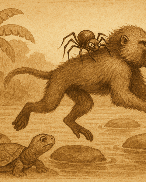 Sepia-toned illustration of Adun the baboon leaping across smooth marsh rocks with Kweku Ananse, the clever spider, clinging to his back. Frog and Turtle watch from nearby stones with curious expressions. In the background, a glowing banana tree stands tall beneath the forest canopy. The scene is framed in faded ink lines with an “OldFolktales.com” logo in the top right corner.