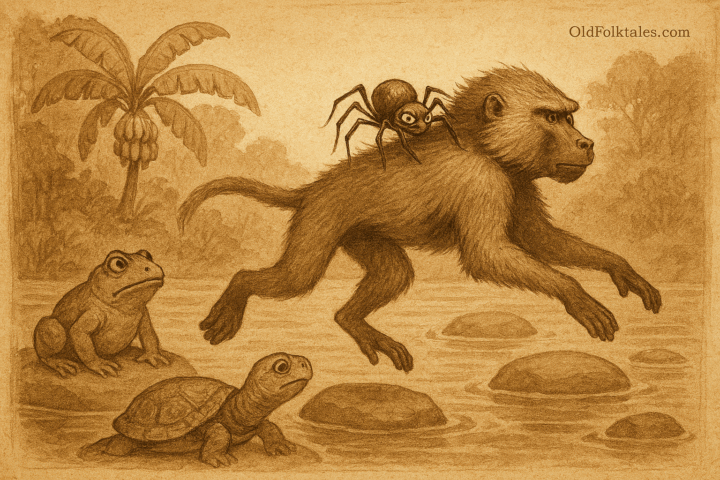 Sepia-toned illustration of Adun the baboon leaping across smooth marsh rocks with Kweku Ananse, the clever spider, clinging to his back. Frog and Turtle watch from nearby stones with curious expressions. In the background, a glowing banana tree stands tall beneath the forest canopy. The scene is framed in faded ink lines with an “OldFolktales.com” logo in the top right corner.