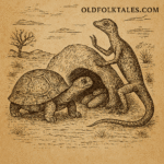 Parchment-style African folktale illustration of tortoise and lizard at hidden yam cave, with OldFolktales.com in corner.