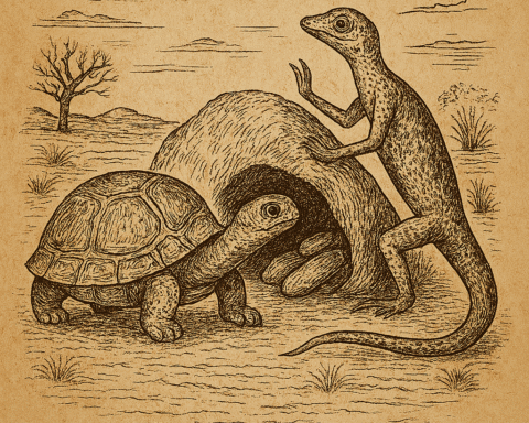 Parchment-style African folktale illustration of tortoise and lizard at hidden yam cave, with OldFolktales.com in corner.