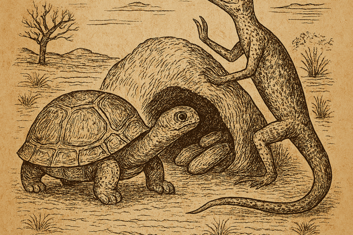 Parchment-style African folktale illustration of tortoise and lizard at hidden yam cave, with OldFolktales.com in corner.