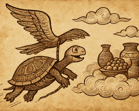 Parchment-style Yoruba folktale art of Ijapa the tortoise flying toward a sky feast on a bird’s wing.