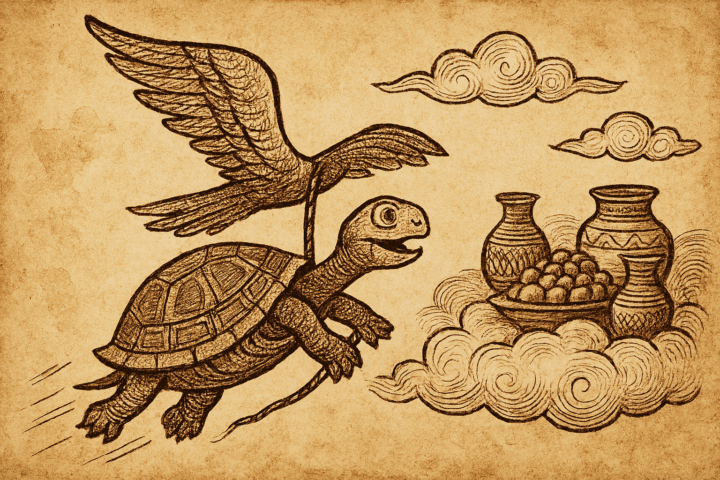 Parchment-style Yoruba folktale art of Ijapa the tortoise flying toward a sky feast on a bird’s wing.