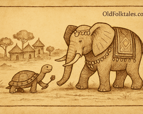 Parchment-style African folktale scene of clever tortoise leading decorated elephant toward village coronation ceremony.