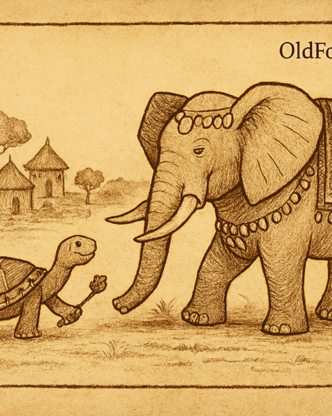 Parchment-style African folktale scene of clever tortoise leading decorated elephant toward village coronation ceremony.