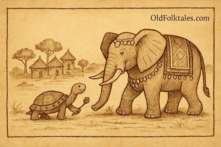 Parchment-style African folktale scene of clever tortoise leading decorated elephant toward village coronation ceremony.