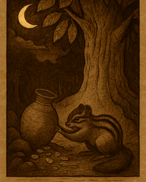 Parchment-style West African folktale illustration of chipmunk stealing cowries beneath sacred Iroko tree at night.