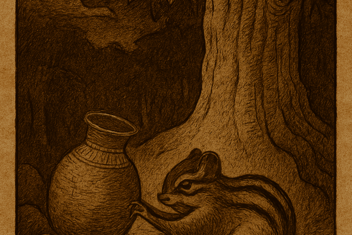 Parchment-style West African folktale illustration of chipmunk stealing cowries beneath sacred Iroko tree at night.